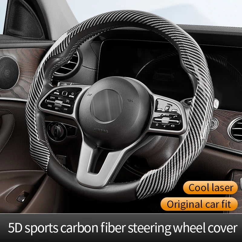Carbon Fiber Silicone Car Steering Wheel Cover – Universal 38 cm Anti-Slip Grip, Protective All-Season Booster Accessory - Delicate Leather  