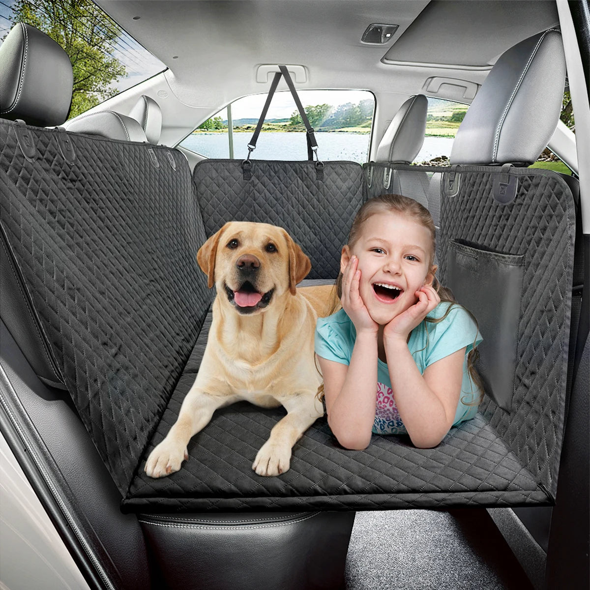 Waterproof Dog Car Seat Extender & Backseat Protector Hammock with Hard Bottom Pet Carrier Mat for Safety