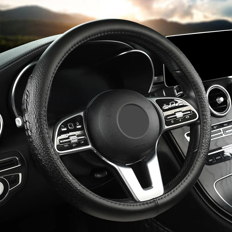Crocodile Grain Leather Steering Wheel Cover – Universal D-Type Textured Grip Cover - Delicate Leather  