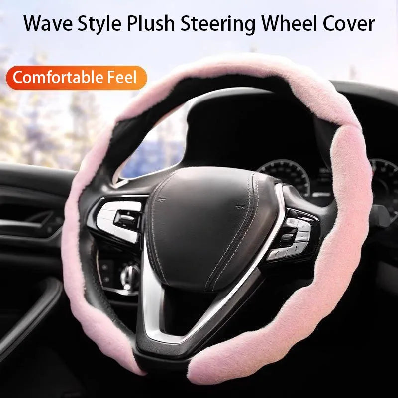 Segmented Wave Plush Steering Wheel Cover – Breathable Anti-Slip Grip, Warm & Comfortable, Universal Fit - Delicate Leather  