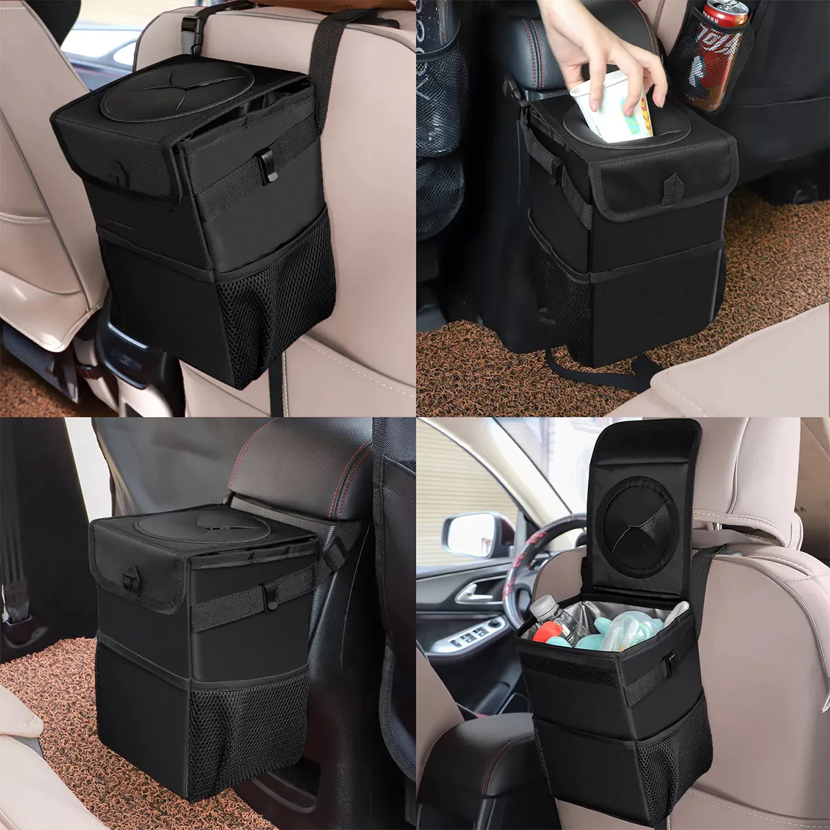 Waterproof Car Trash Can with Lid and Storage Pockets, Custom-Fit For Car, 100% Leak-Proof Car Organizer, Waterproof Car Garbage Can, Multipurpose Trash Bin for Car DLVE234