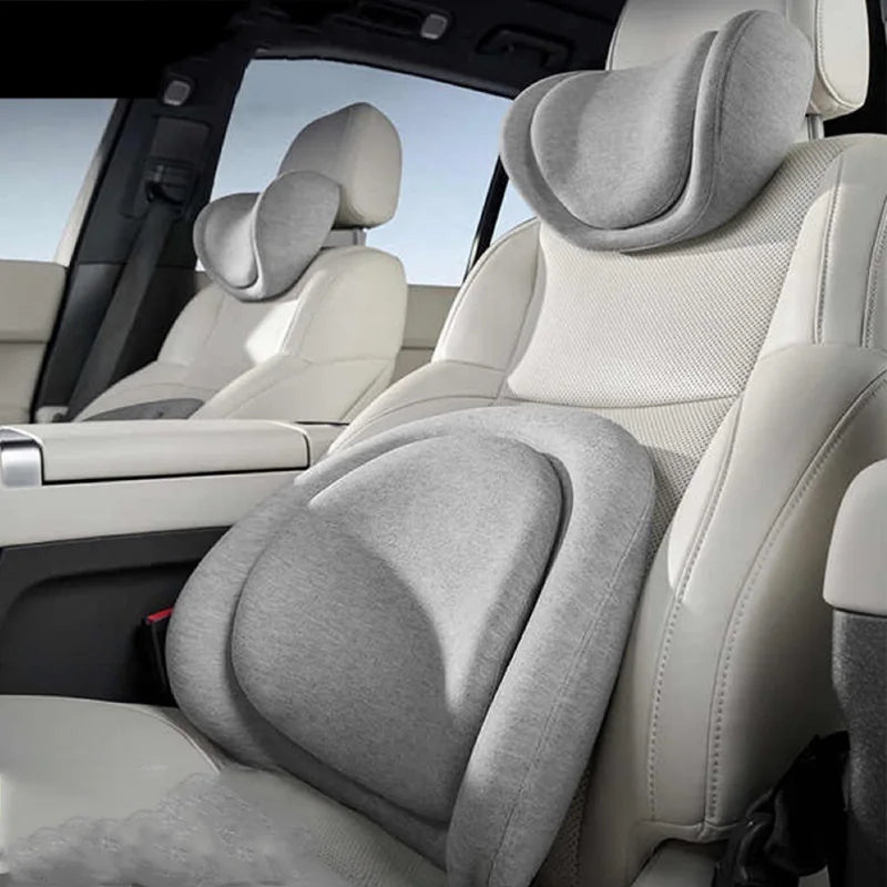 Car Seat Neck & Lumbar Support Pillow – Memory Foam Headrest Cushion for Travel - Delicate Leather  