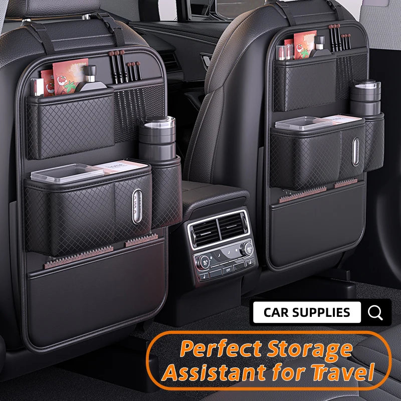 Car Backseat Organizer with Tissue Box – Black Leather Storage Bag with Pockets for Phone, Bottle, and Umbrella - Delicate Leather  