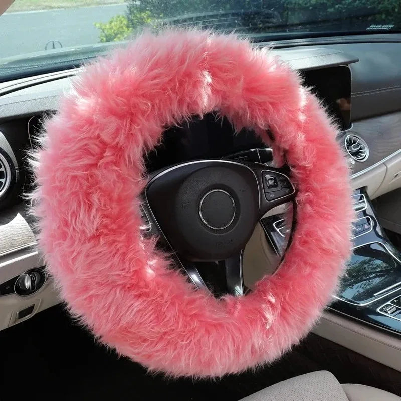 Winter Long Plush Wool Steering Wheel Cover – Soft Thick Warm Grip with Non-Slip Inner Ring, Universal O / D / Dual-D - Delicate Leather  