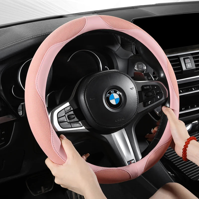 Breathable Mesh Ice Silk Steering Wheel Cover, Universal 15 Inch, Anti-Slip, Warm in Winter & Cool in Summer - Delicate Leather  