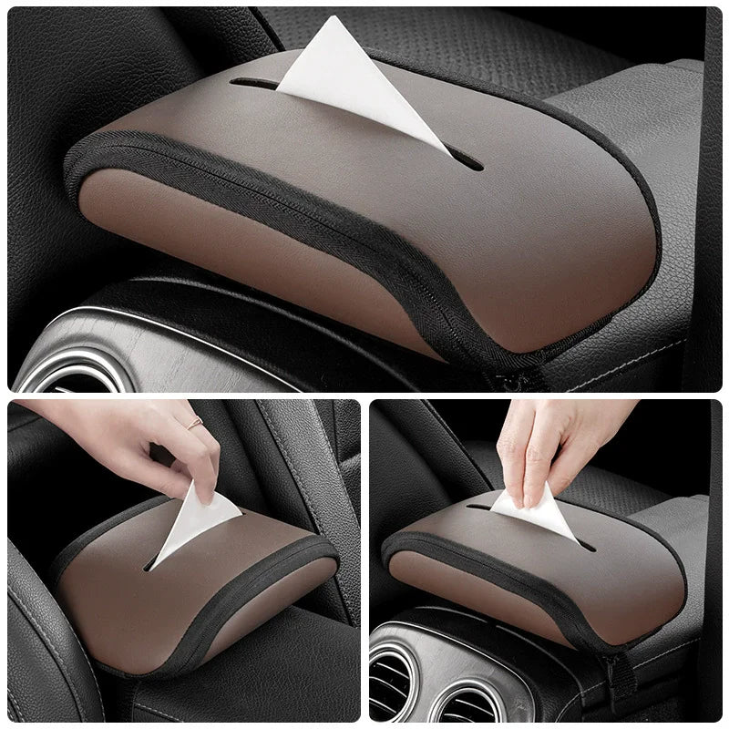 Leather Car Tissue Bag Holder – Universal Armrest & Seat Back Mounted Paper Box Organizer - Delicate Leather  