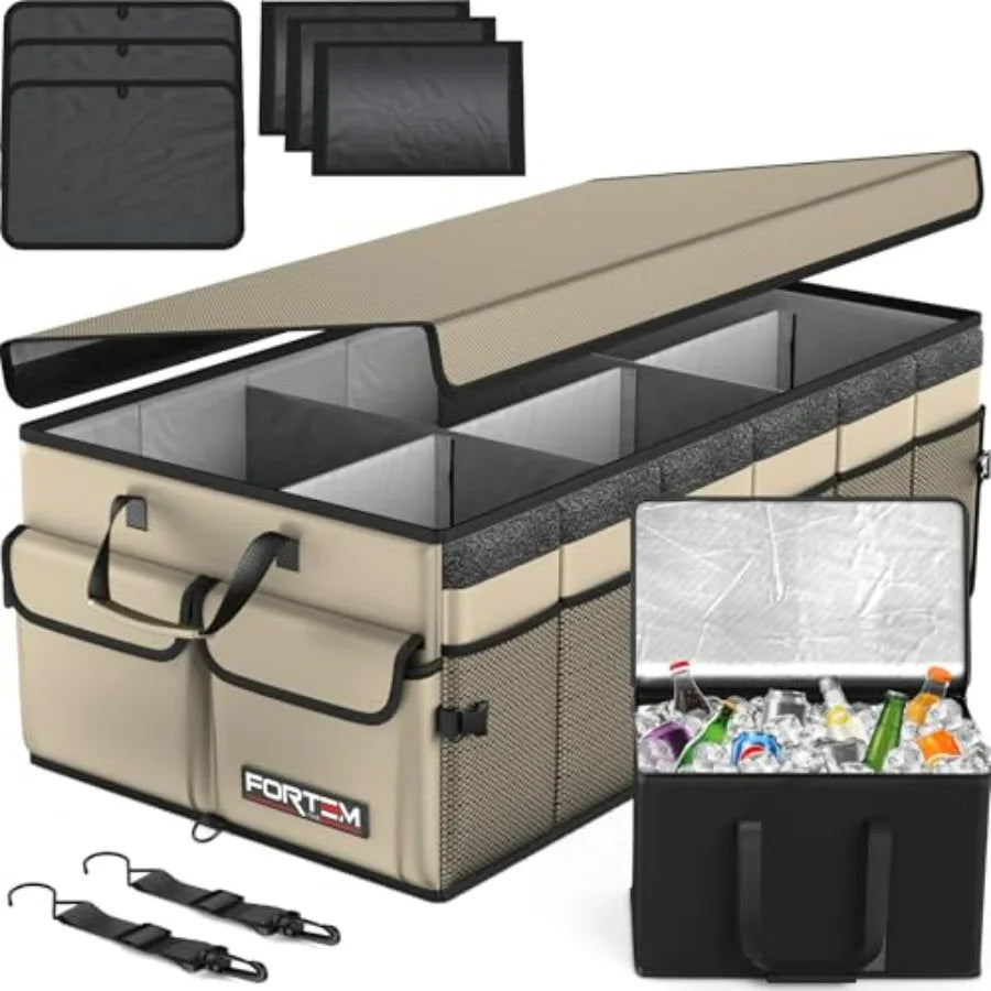 Car Trunk Organizer with Cooler – Foldable 105L Storage Box with Non-Slip Base - Delicate Leather  