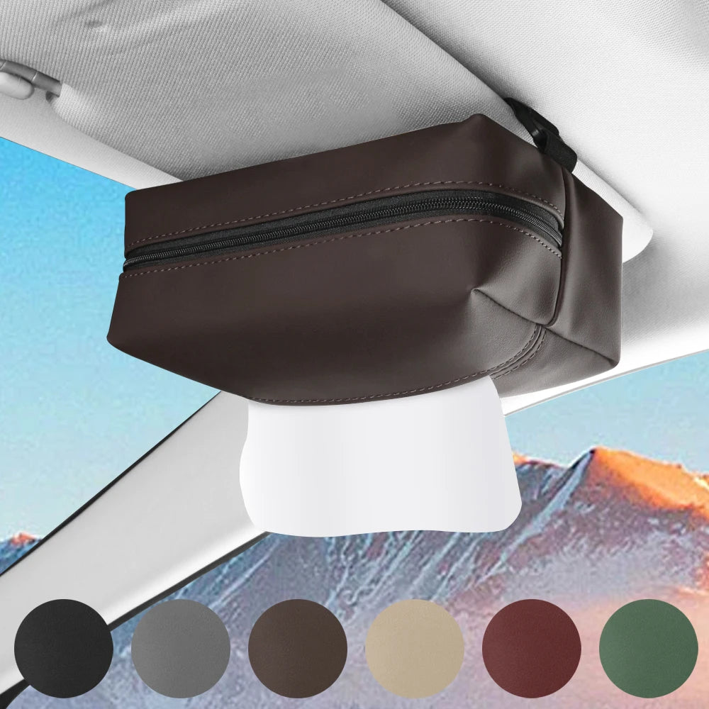 Car Tissue Holder – PU Leather Sun Visor Tissue Box for Center Armrest and Seat Back, Universal Fit - Delicate Leather  
