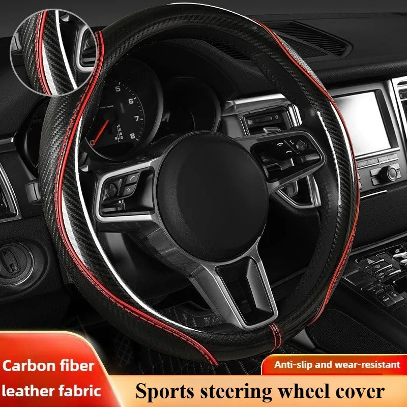 Sports Carbon Fiber Steering Wheel Cover Universal Fit – Anti-Slip Handle Cover for O / D / Double-D Steering Wheels (37–38cm) - Delicate Leather  