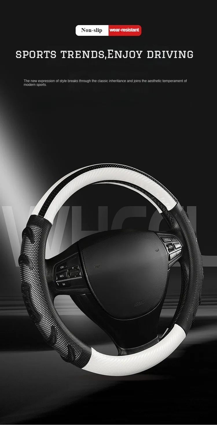 Carbon Fiber Steering Wheel Cover – Anti-Slip Universal 38cm Interior Accessory - Delicate Leather  