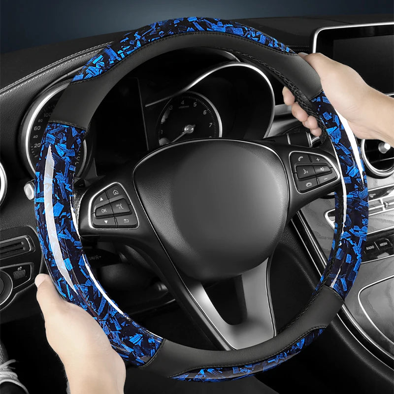 Crystal Carbon Fiber & Leather Steering Wheel Cover 15 Inch – Anti-Slip Rubber Grip, All-Season Universal Fit - Delicate Leather  