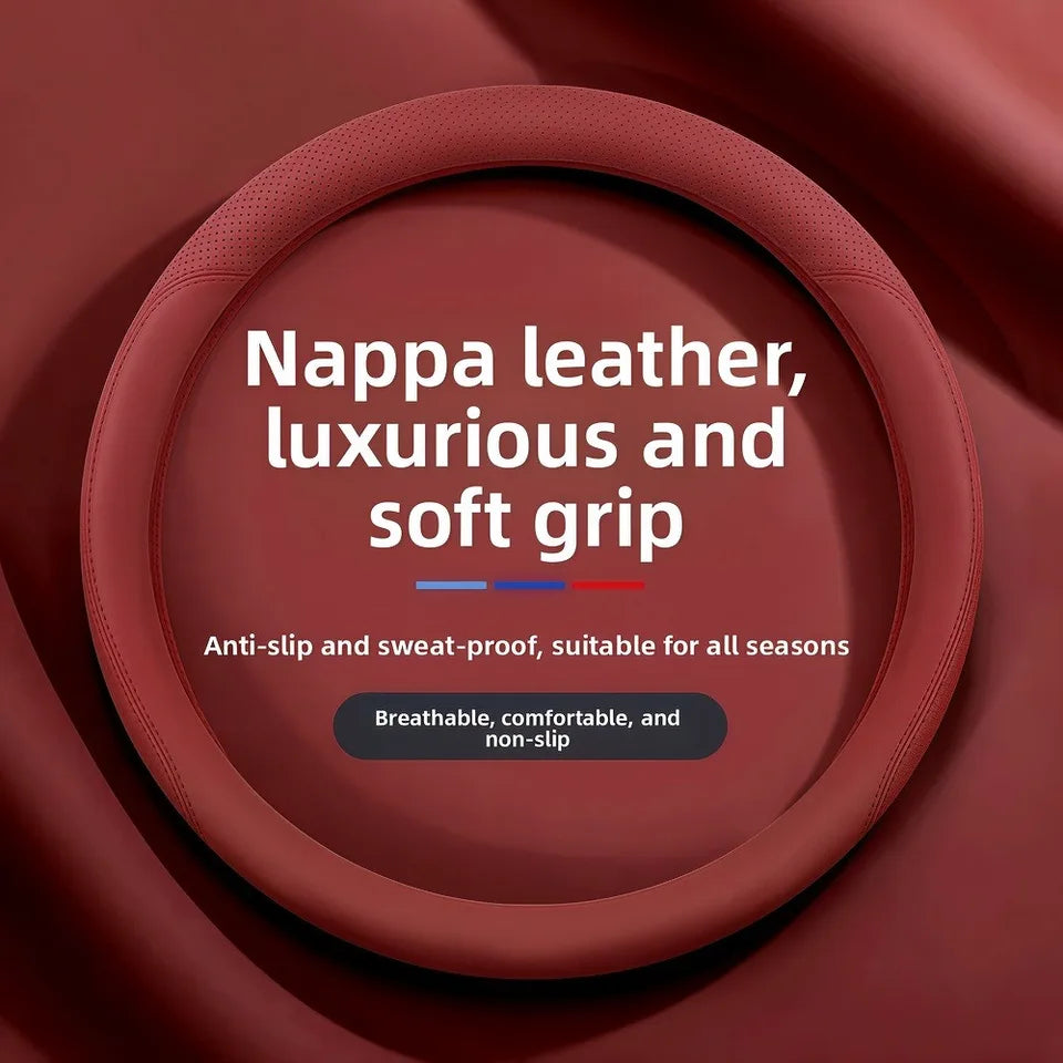 Premium Nappa Leather Steering Wheel Cover – Laser Perforated, Non-Slip Grip, Universal 14.6–15 Inch - Delicate Leather  