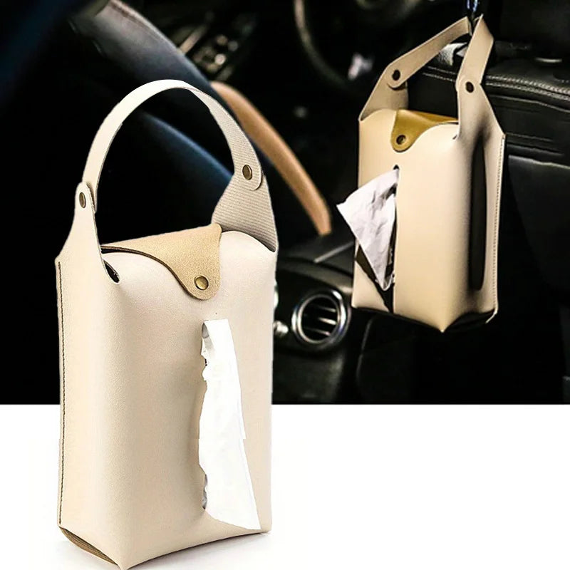 Leather Car Tissue Box Holder with Retaining Strap – Universal Armrest, Seat Back & Sun Visor Napkin Organizer - Delicate Leather  