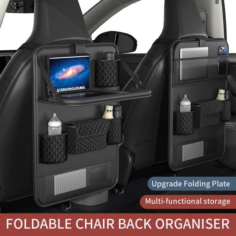 Car Back Seat Organizer with Foldable Table Tray – Multifunctional Storage with Pockets, Durable PVC Leather, Universal Fit - Delicate Leather  