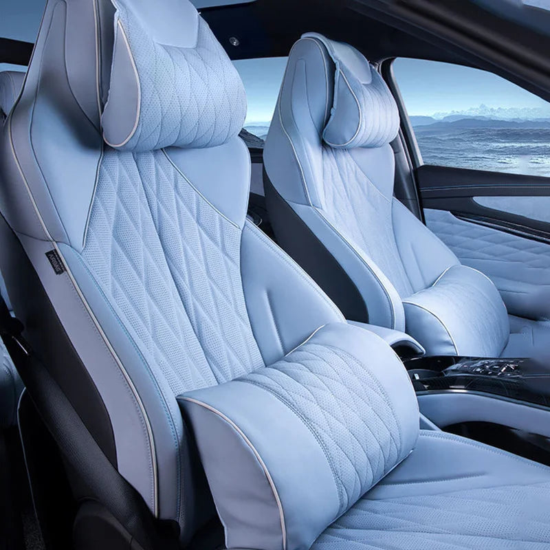 Universal Memory Foam Car Headrest and Lumbar Support Set – Breathable Neck & Back Cushion for All-Season Comfort - Delicate Leather  