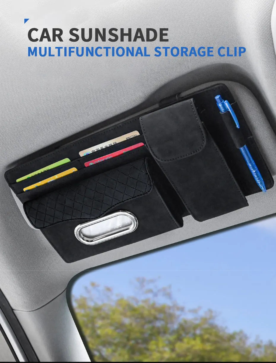Suede Car Sun Visor Organizer – Glasses Case, Tissue Holder & Multi-Pocket Storage - Delicate Leather  