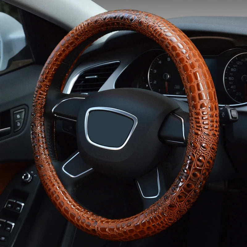 Crocodile Grain Leather Universal Car Steering Wheel Cover – Four Seasons Anti-Slip Sport Handle Case - Delicate Leather  