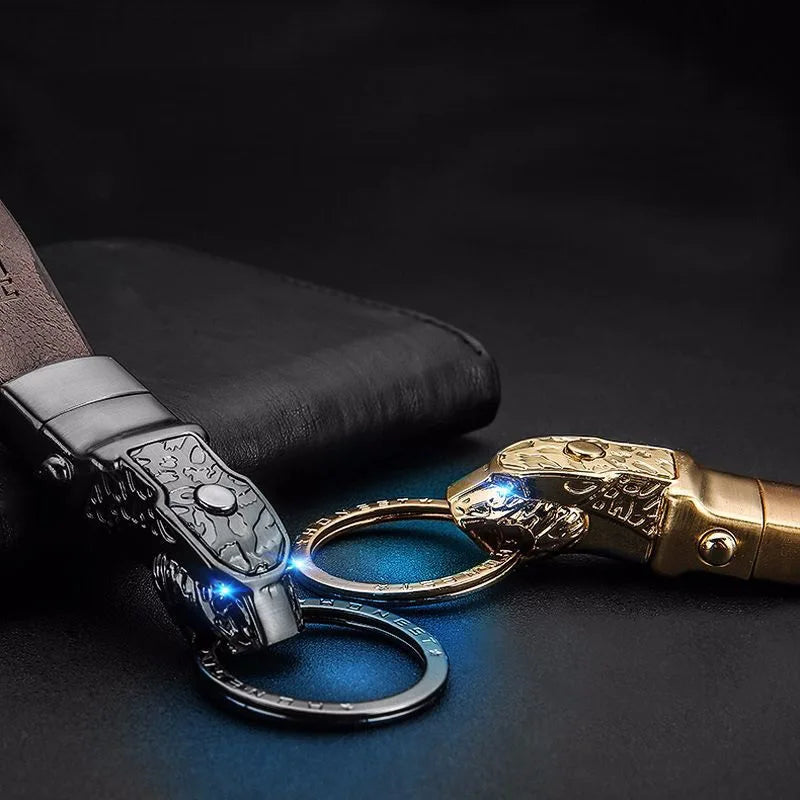 Leather Keychain with LED Light – Leopard Head Pendant Car Key Ring with Removable Belt Clip - Delicate Leather  