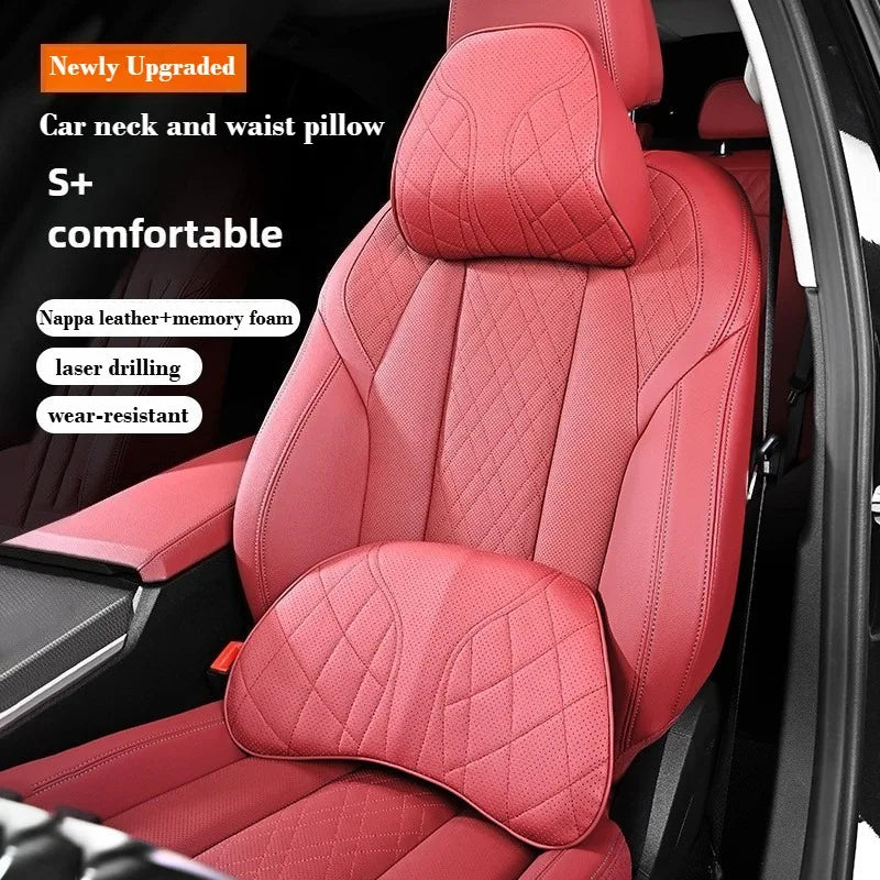 Memory Foam Car Neck & Lumbar Pillow Set – Nappa Leather Headrest and Waist Support - Delicate Leather  