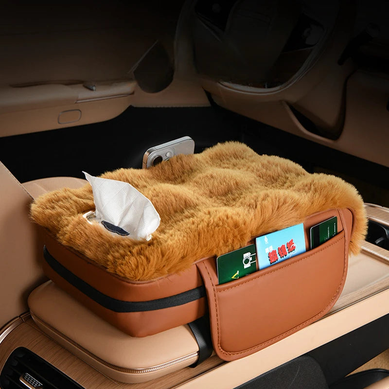 Plush Car Armrest Cushion with Tissue Box – Winter Fluffy Center Console Cover - Delicate Leather  