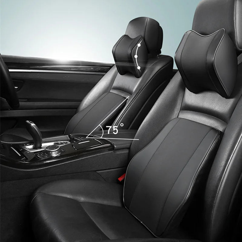 Universal Breathable Memory Foam Car Headrest Pillow – Neck Support Cushion & Lumbar Guard for Comfortable Driving - Delicate Leather  