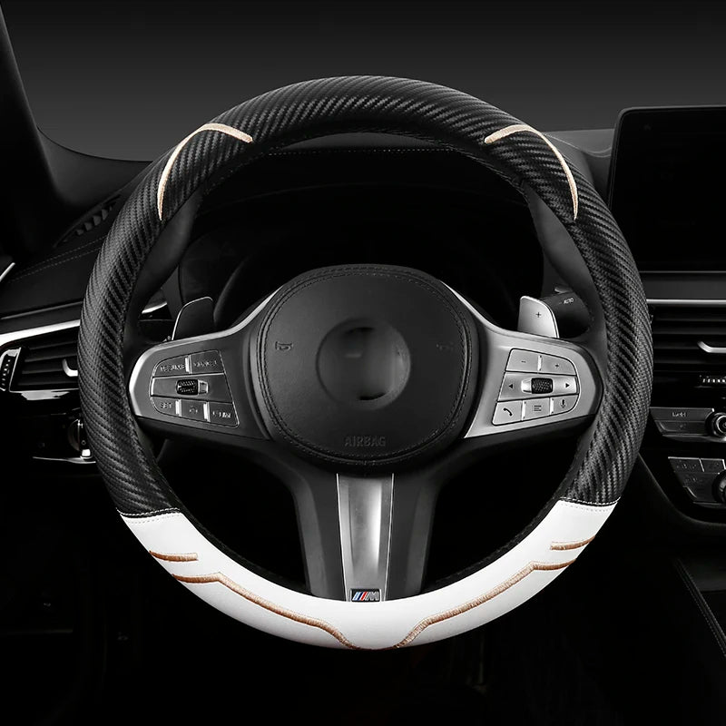 Carbon Fiber Style Leather Steering Wheel Cover – 38cm Anti-Slip Universal Fit - Delicate Leather  