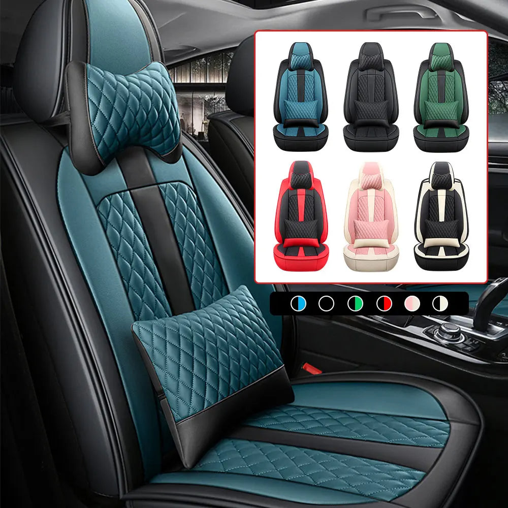 PU Leather Car Seat Covers for Front 2 Seats – Black & Blue with Headrest and Lumbar Support