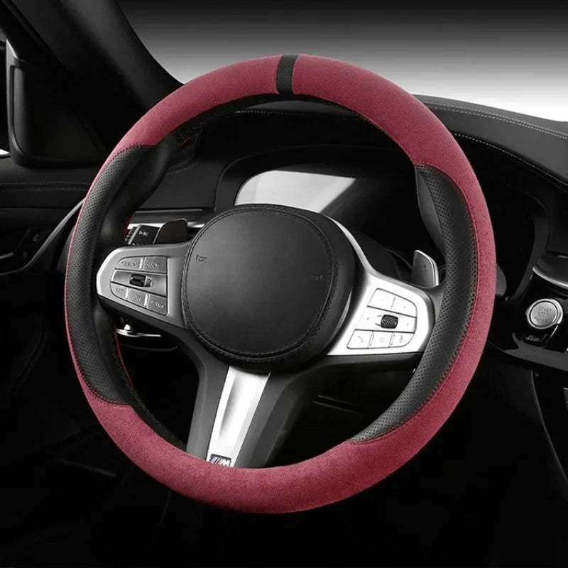 Trendy Four-Season Suede Steering Wheel Cover – Universal Non-Slip Handle Grip, Sporty D-Type Car Steering Wheel Protector - Delicate Leather  