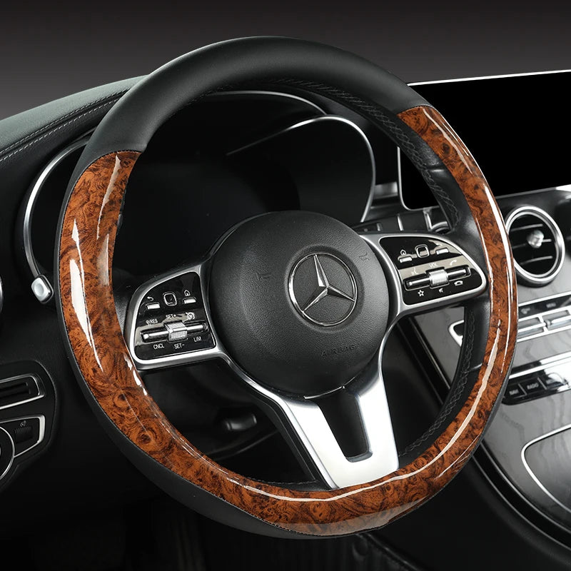 Anti-Slip Leather Steering Wheel Cover – Universal 38cm O/D Shape Interior Accessory - Delicate Leather  