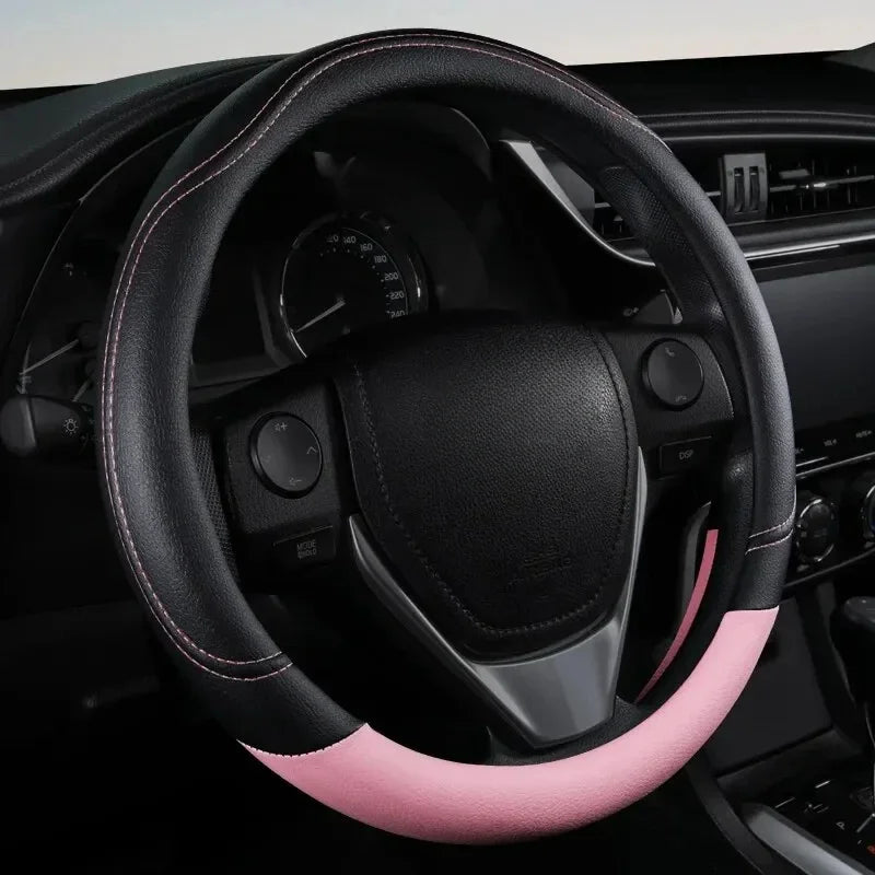 PU Leather Splicing Steering Wheel Cover – Anti-Slip, Wear-Resistant, Four-Season Universal Fit - Delicate Leather  