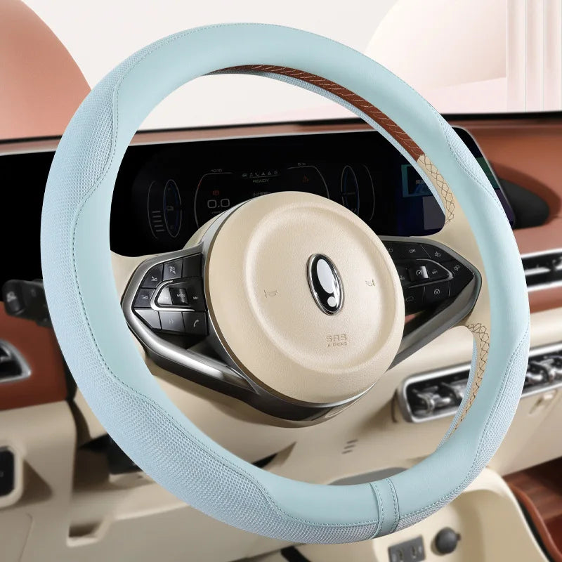 Summer Ice Silk Steering Wheel Cover – Breathable, Anti-Slip, Sweat-Absorbing Handle Set for All-Season Comfort - Delicate Leather  
