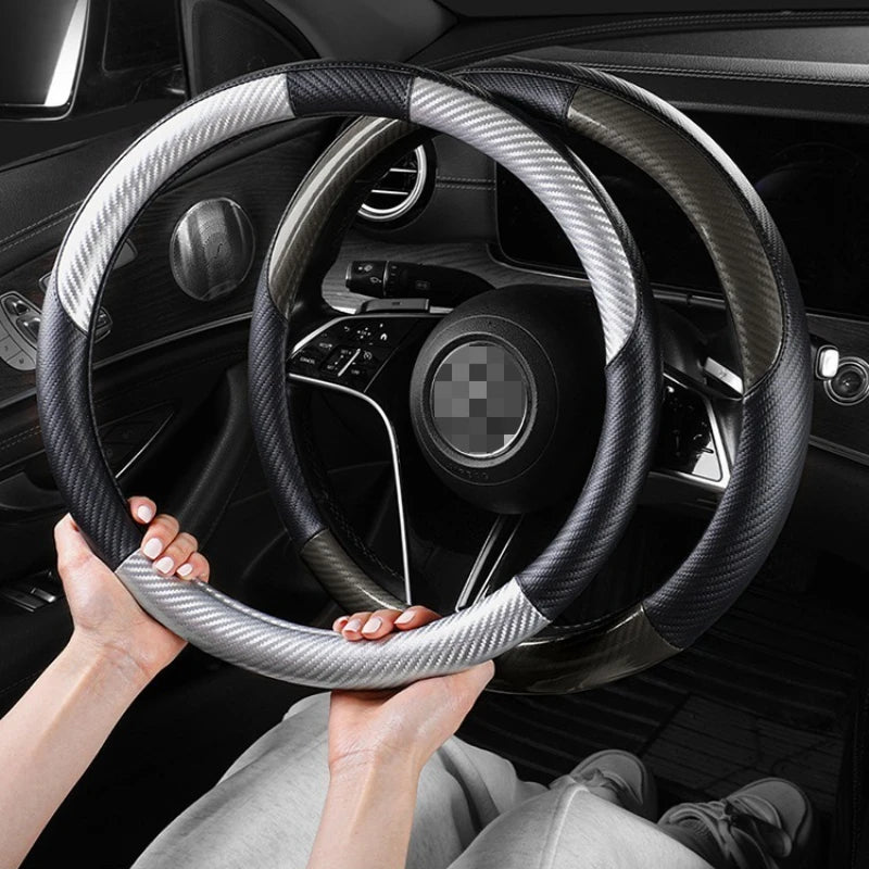 Carbon Fiber Leather Car Steering Wheel Cover – Universal Non-Slip O/D Type Steering Wheel Covers - Delicate Leather  