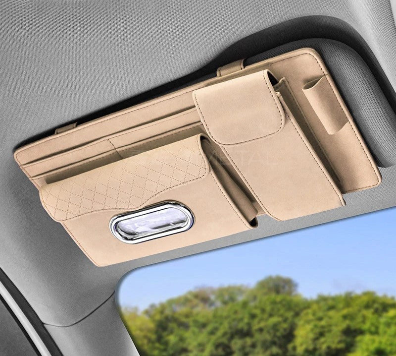 Suede Car Sun Visor Organizer – Glasses Case, Tissue Holder & Multi-Pocket Storage - Delicate Leather  