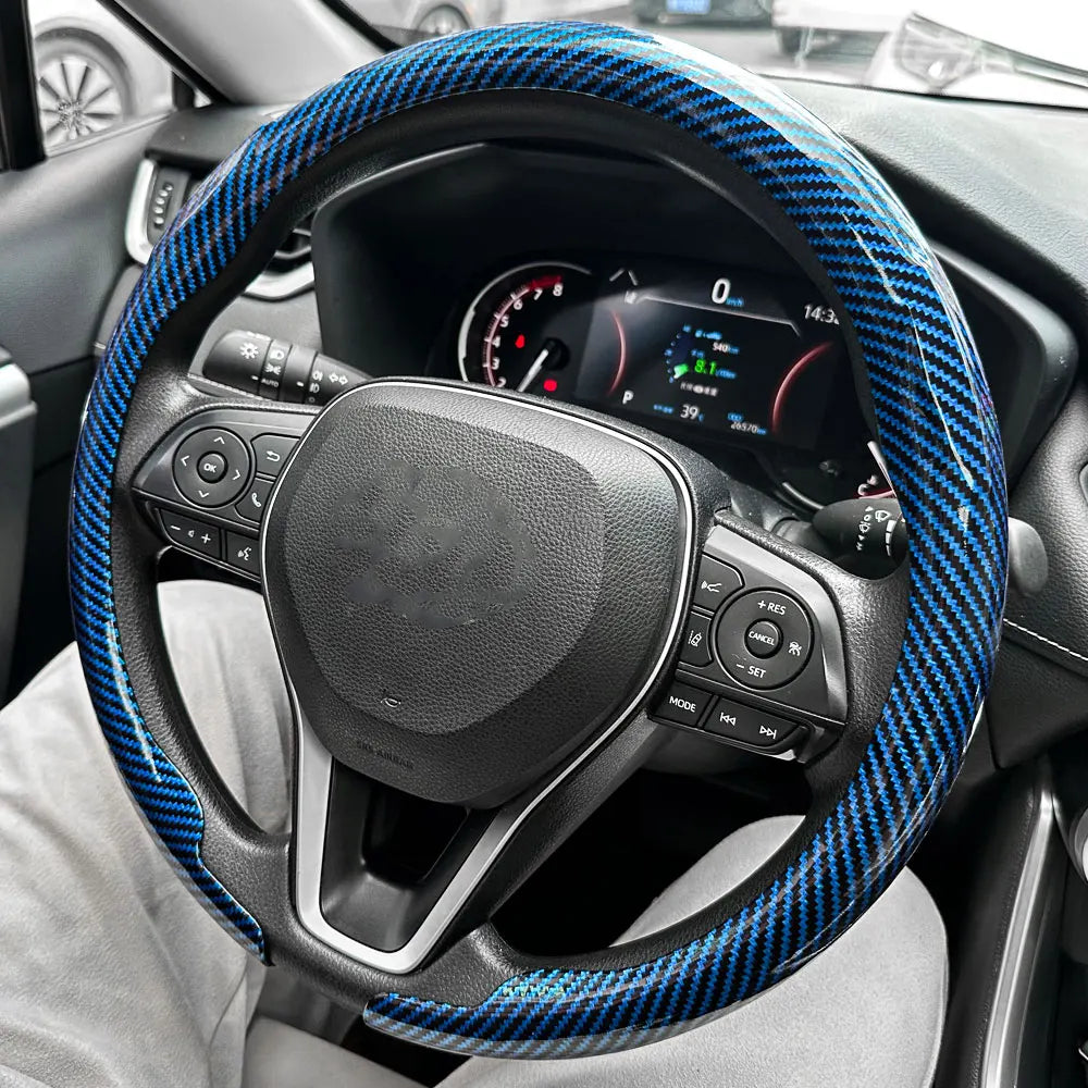 Carbon Fiber Style Steering Wheel Cover – Breathable Non-Slip Round Universal Fit - Delicate Leather  
