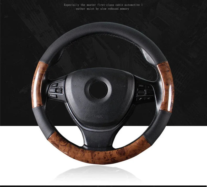 Wood Grain Steering Wheel Cover – PU Leather Anti-Slip Breathable 38cm Universal Fit - Delicate Leather  