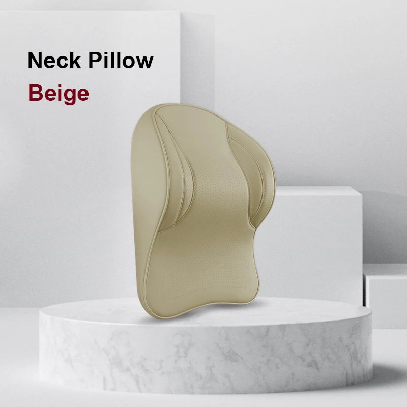 Memory Foam Car Neck Pillow & Lumbar Support Set – Breathable Seat Comfort Cushion - Delicate Leather  
