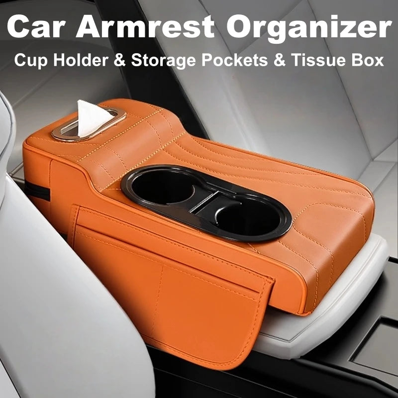 5-in-1 Car Armrest Organizer – Faux Leather Center Console Storage with Cup Holder, Tissue Box & Multi Pockets - Delicate Leather  