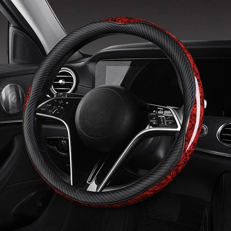 O/D Shape Carbon Fiber Leather Steering Wheel Cover – Universal 37–38cm, Anti-Slip Car Accessory - Delicate Leather  