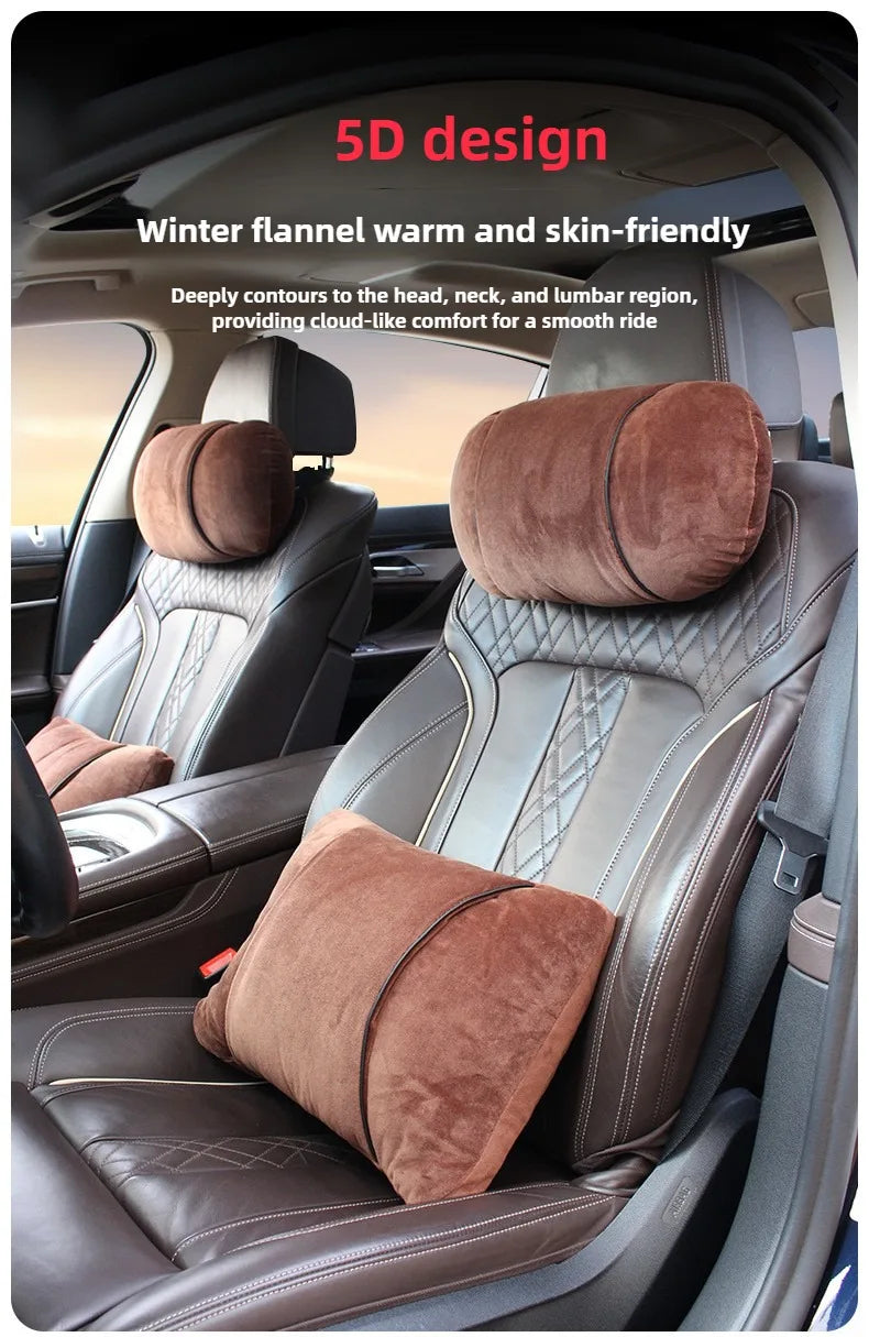 Plush Car Headrest & Lumbar Support Pillow Set – Soft Neck and Waist Seat Cushions - Delicate Leather  