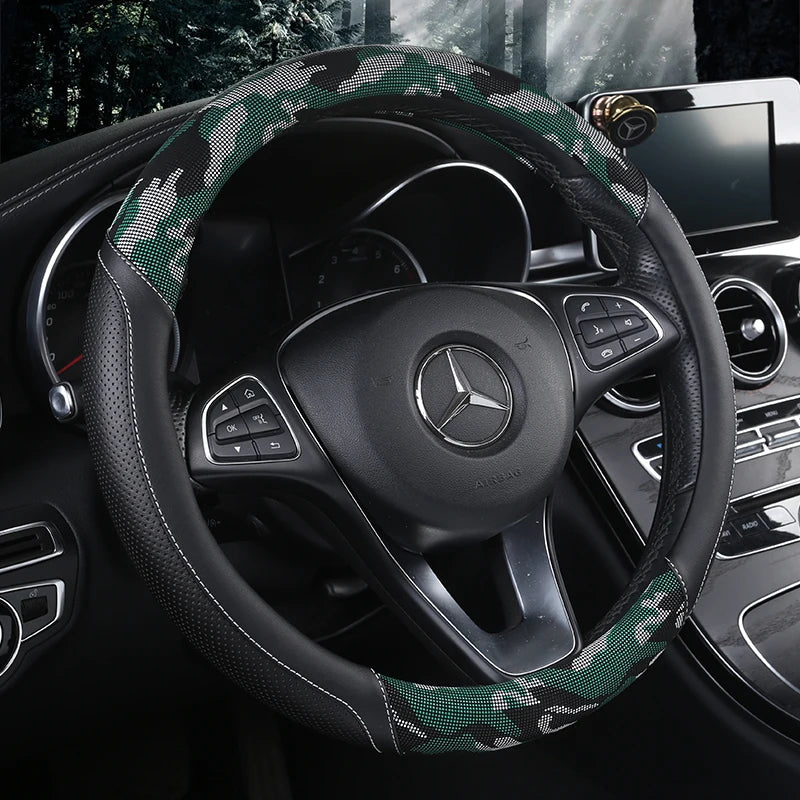 3D Camouflage Print Steering Wheel Cover – Durable Leather Grip with Anti-Slip Lining | Universal Fit 14.5"-14.8" - Delicate Leather  