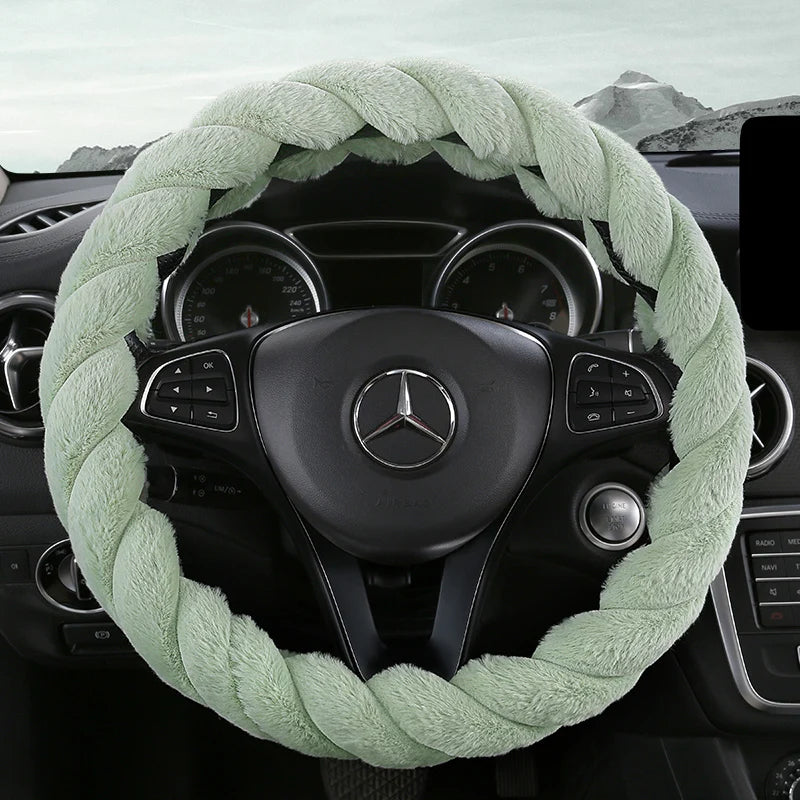 Plush Winter Steering Wheel Cover Universal – Cute Decorative Non-Slip Handle Cover for Car Interior - Delicate Leather  