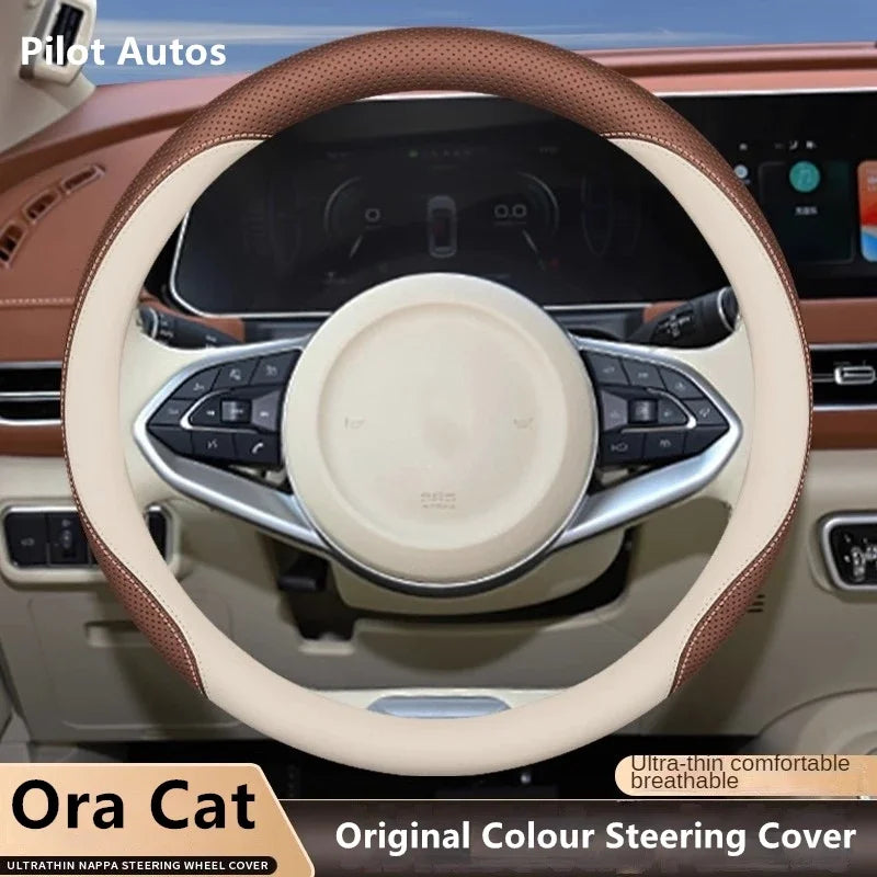 Original Colour Leather Steering Wheel Cover – Breathable Nappa Leather Protector, Custom Fit for ORA CAT / GWM ORA 03 Funky Cat - Delicate Leather  