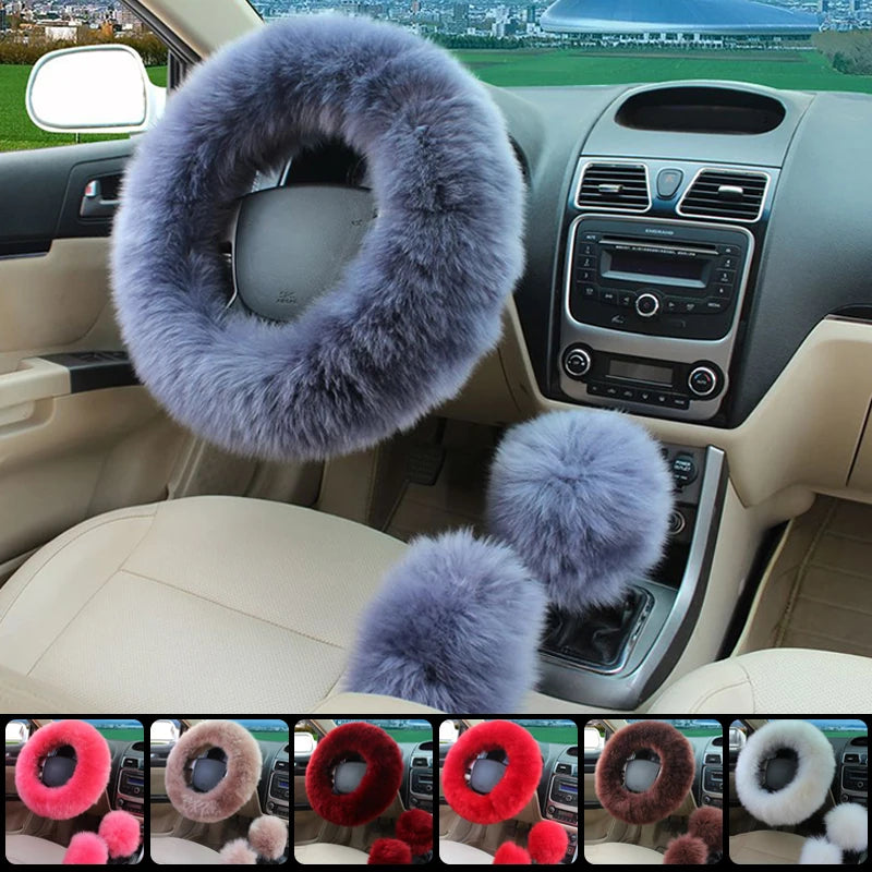 Winter Plush Steering Wheel Cover Set – Fluffy Fleece Warm Non-Slip Handle Cover, Universal Fit - Delicate Leather  