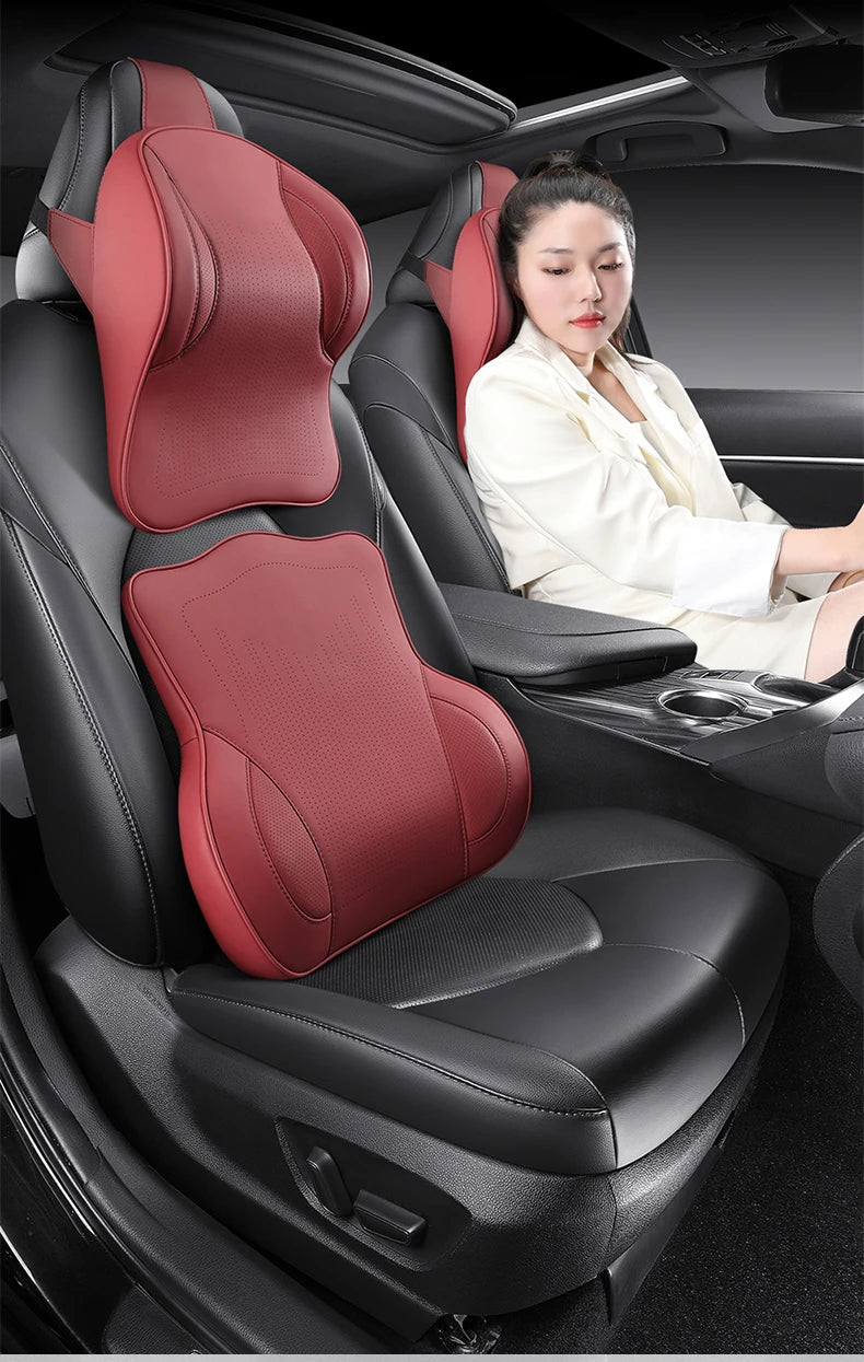 Memory Foam Car Neck Pillow & Lumbar Support Set – Breathable Seat Comfort Cushion - Delicate Leather  