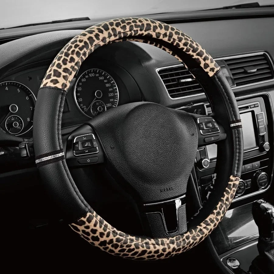 Leopard Print Steering Wheel Cover – Anti-Slip PVC Leather, Universal Fit 14.5–15 Inch - Delicate Leather  
