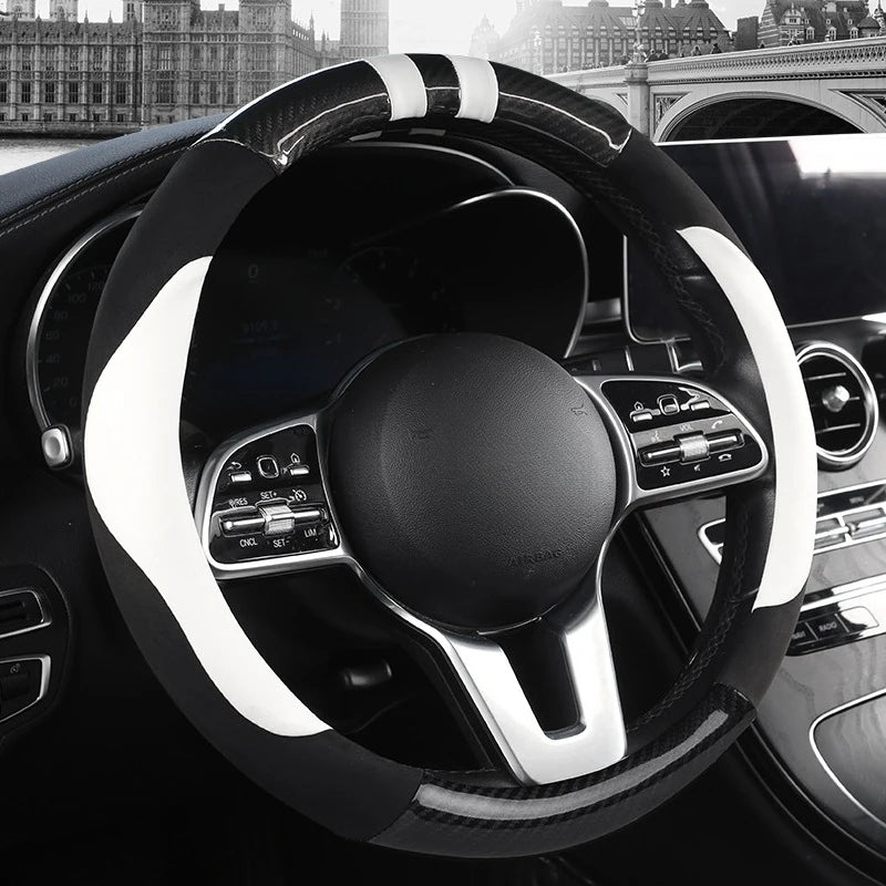 Color-Block Steering Wheel Cover – PU Leather & Suede Anti-Slip 14.5–15 Inch Universal Accessory - Delicate Leather  