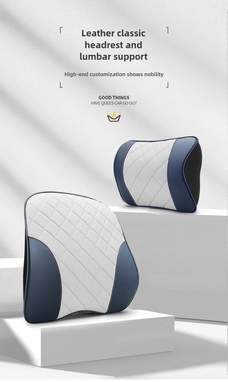 Nappa Leather Car Headrest & Lumbar Support Set – Memory Foam Neck and Waist Cushion - Delicate Leather  