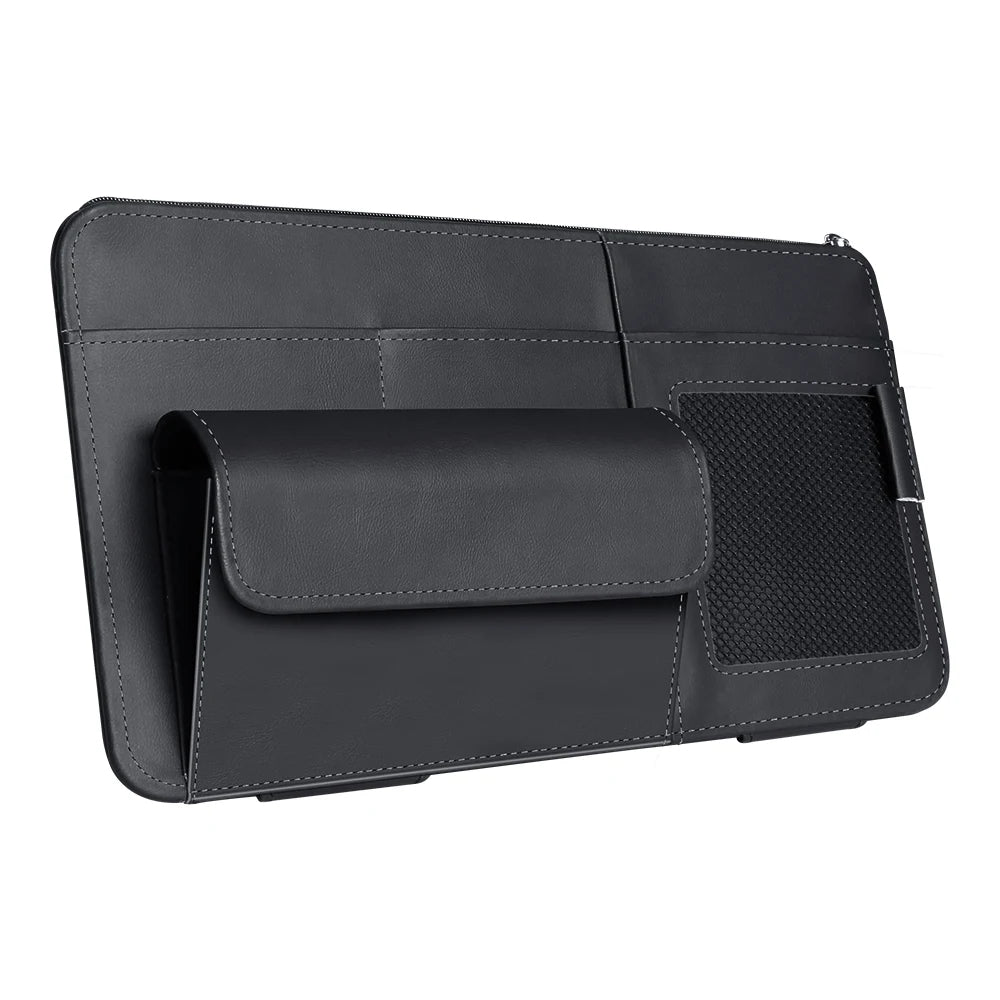 Car Sun Visor Organizer – PU Leather Storage with Glasses Holder, Card & Pen Slots - Delicate Leather  