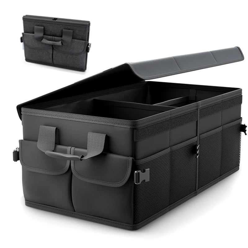 45L Foldable Car Trunk Organizer with Lid – Oxford Fabric Storage Box with Front & Side Pockets - Delicate Leather  