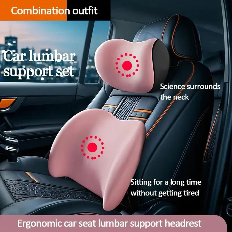 Universal Car Headrest Neck Support Pillow & Lumbar Cushion – Memory Foam Back Support, Four-Season Comfort for All Vehicles - Delicate Leather  